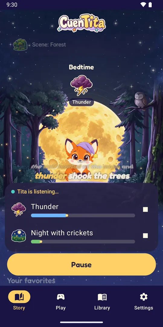 Story screen in the Forest scene: Tita in front of the full moon hears “thunder shook the trees” and Thunder plays