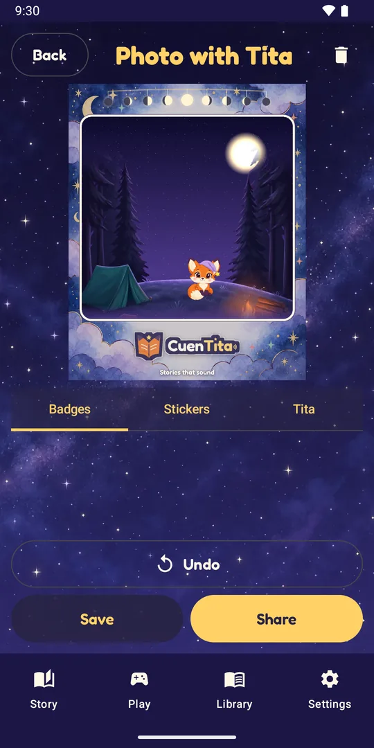 Photo with Tita: a campfire under the moon decorated with Tita, the moon garland and the CuenTita logo