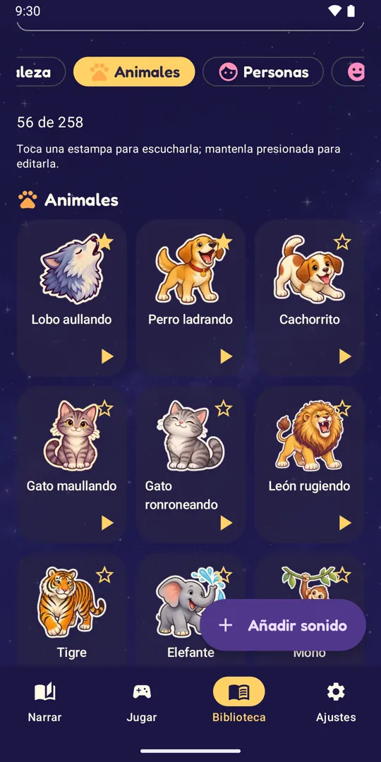 Biblioteca con stickers ilustrados de animales: lobo aullando, perro ladrando, león rugiendo y el botón Añadir sonido